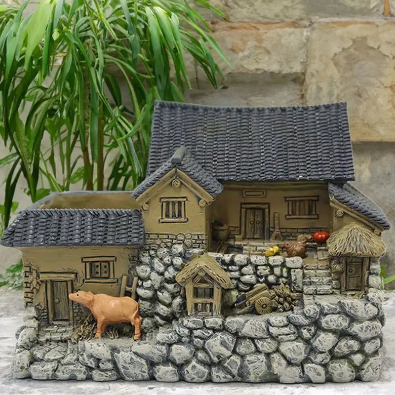Casa de cabaña en miniatura, maceta suculenta rústica de resina, maceta de cabina de resina multifuncional para plantas suculentas, patio - imagen 2
