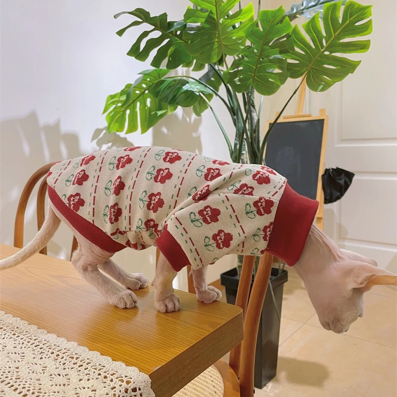Abrigo de algodón suave para gato Sphynx, sudadera Floral roja, disfraz dulce de manga larga para gatitos, Primavera - imagen 3