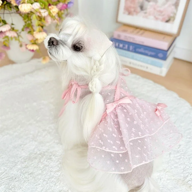 Vestidos de encaje para cachorros, falda de malla transpirable de verano para perros, chaleco con lazo y tirantes, ropa para mascotas pequeñas, ropa para cachorros pequeños