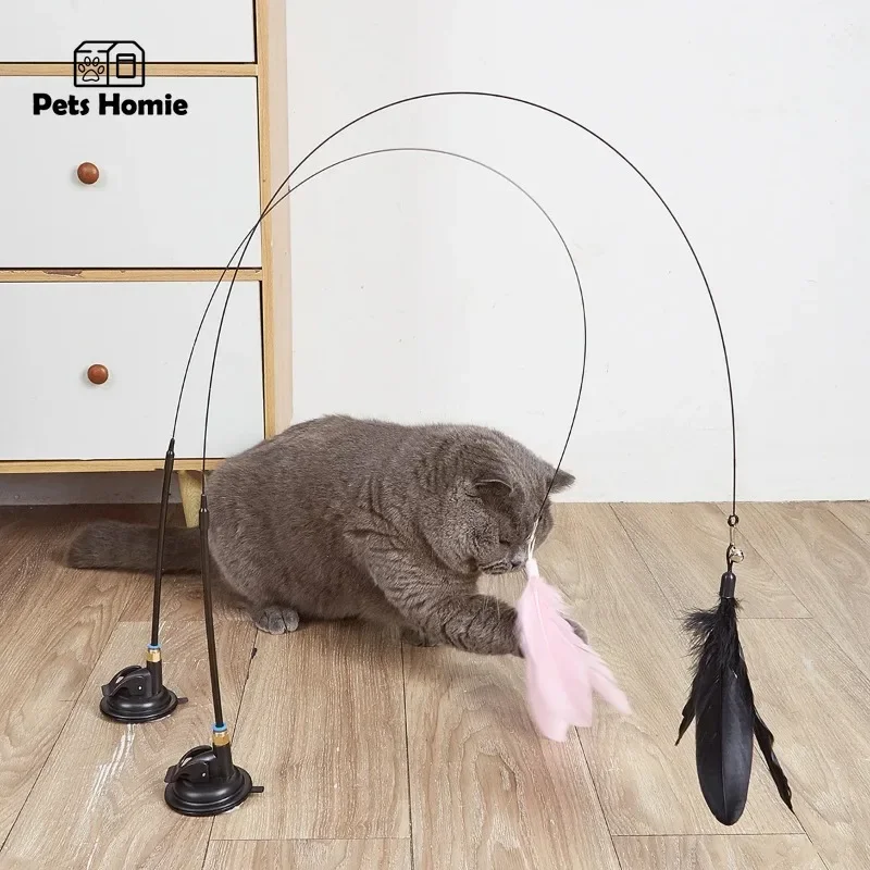 Juguetes divertidos para gatos, varita de plumas, juguete interactivo para gatitos con ventosa fuerte, reemplazos de plumas desmontables, suministros para gatos - imagen 4