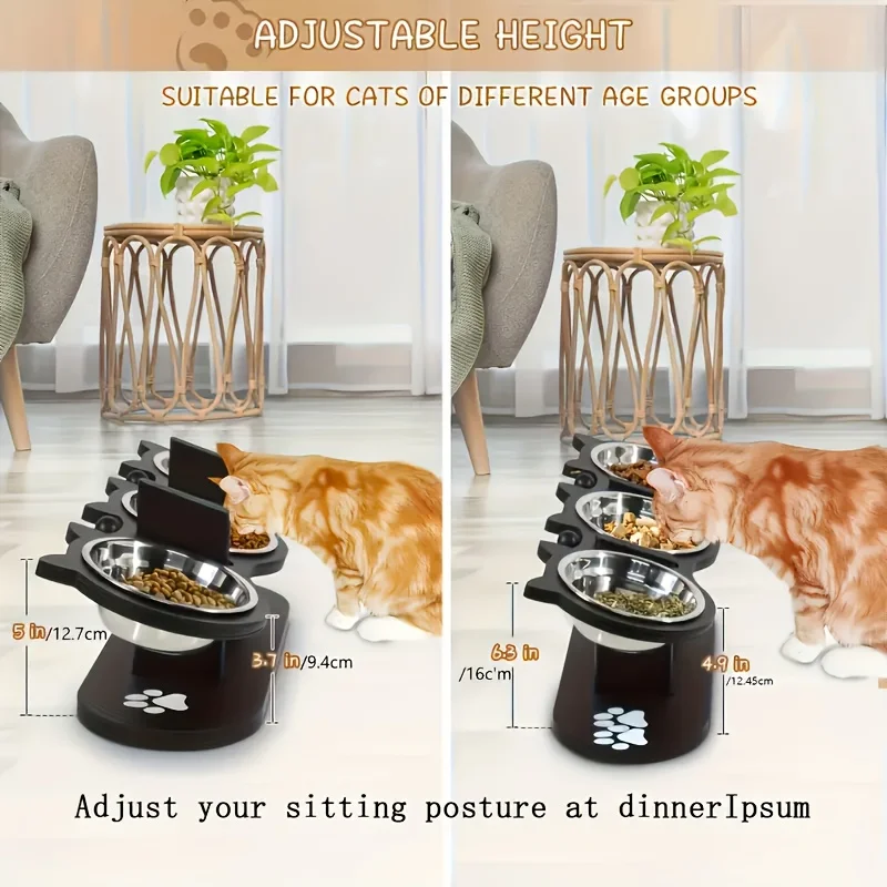 Cuenco elevado para gatos de 3 niveles con soportes de soporte, cuenco de comida para mascotas inclinado con soporte de ángulo ajustable de madera y acero inoxidable de 15 grados - imagen 5