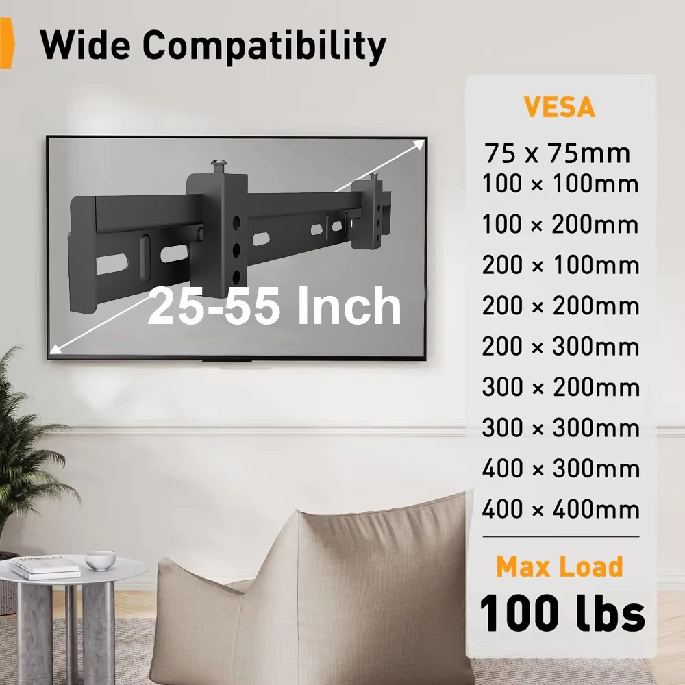 TV Wall Mount for 25-55 Inch TV up to 40kg, No Drill Low Profile TV Mount, Easy Install Wall Mount TV Bracket, Max VESA 400x400m