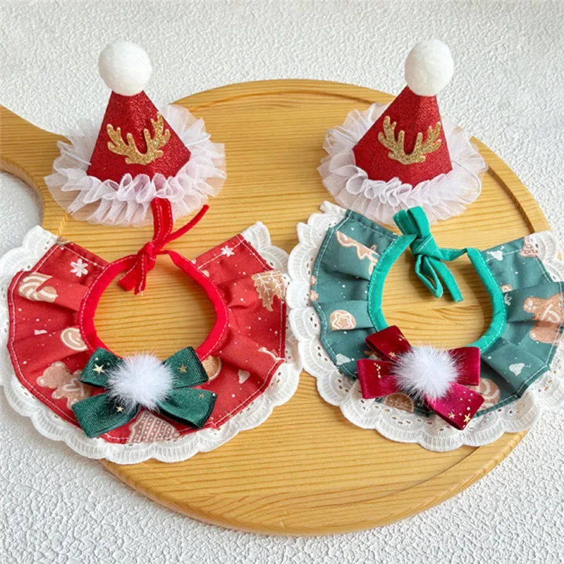 Bomei-Sombrero de Navidad para mascotas, conjunto de Collar para gato, bufanda bonita para perro, bufanda roja y verde para Nochevieja, accesorio para el cuidado de mascotas - imagen 3