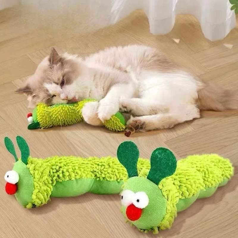Juguete de peluche para gato, hierba gatera interactiva, oruga de imitación, gatito chirriante, mordida duradera, accesorios de juguete para masticar gato