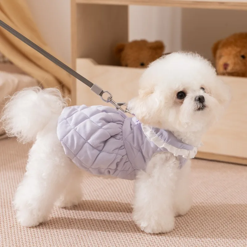 Vestidos de algodón de invierno para mascotas, ropa para perros de Color sólido, chaqueta cálida y gruesa para perros de peluche, abrigo estilo princesa - imagen 4