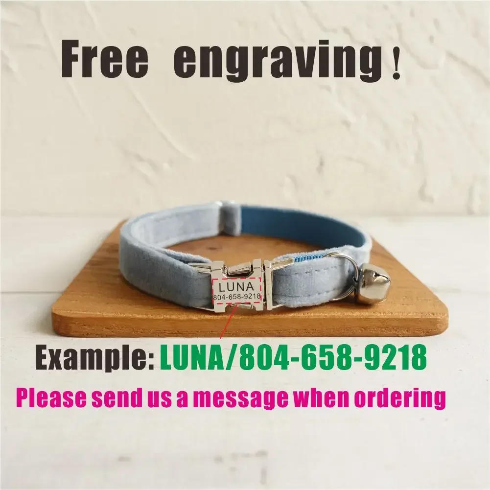 Collar de gato personalizado, contactos de nombre de identificación personalizados, hebilla de metal, collares de gato de terciopelo azul ajustables con campana - imagen 4