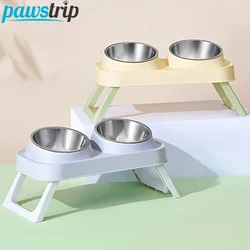 Comedero plegable de plástico/acero inoxidable para gatos, cuenco doble antideslizante para mascotas con soporte, cuenco para beber para gatos elevado, accesorios para gatos