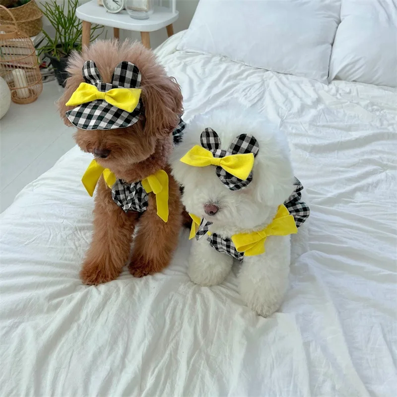 Camisola a cuadros de primavera para mascotas, chaleco con orejas de osito, sombrilla, sombrero, Top pequeño y mediano para gato, conjunto de camiseta de 2 piezas - imagen 3