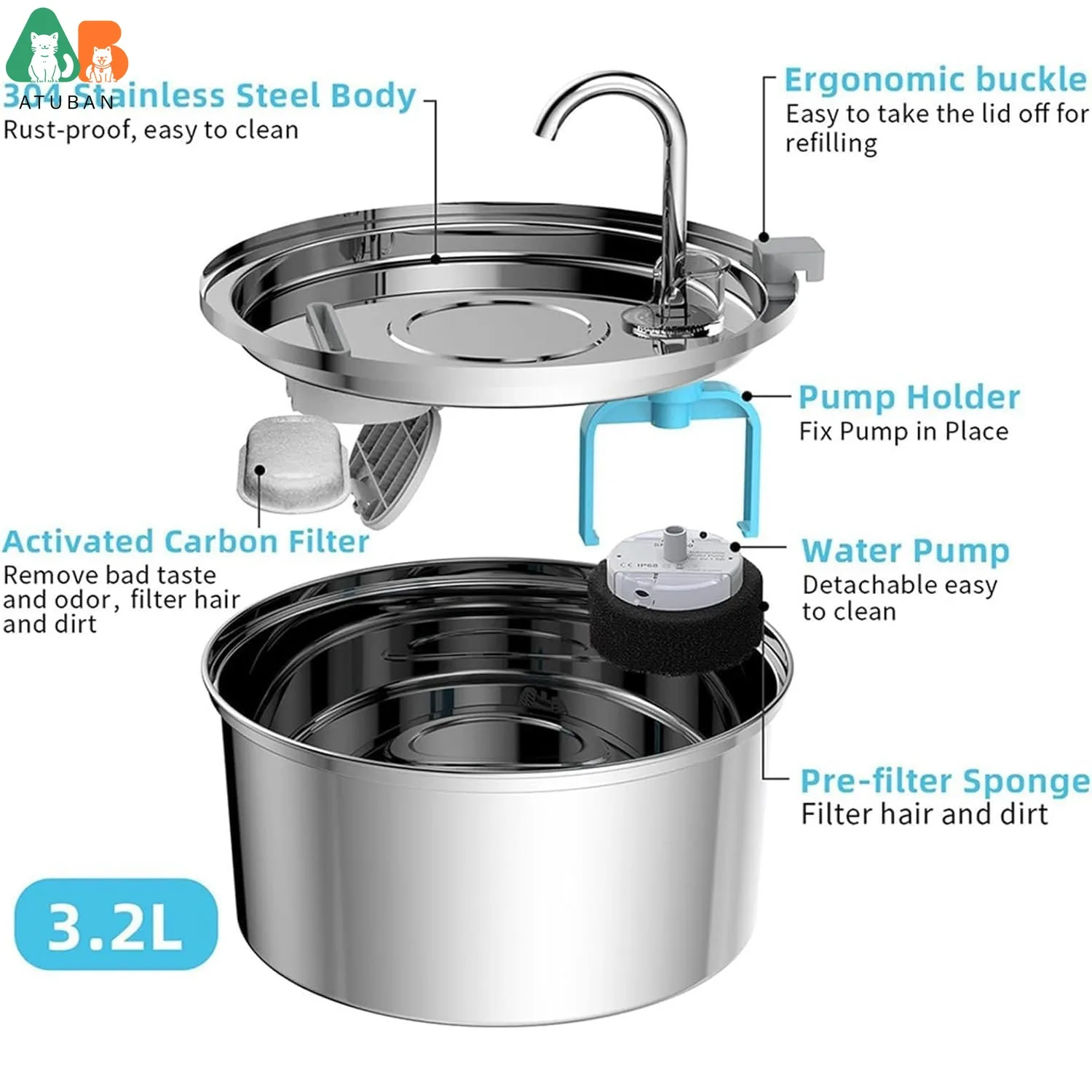 Fuente de agua para gatos y perros – Acero inoxidable ultrasilenciosa - imagen 2