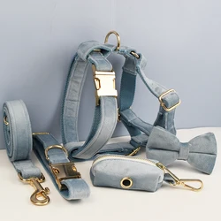 Collar y correa azul terciopelo para perros con placa personalizada