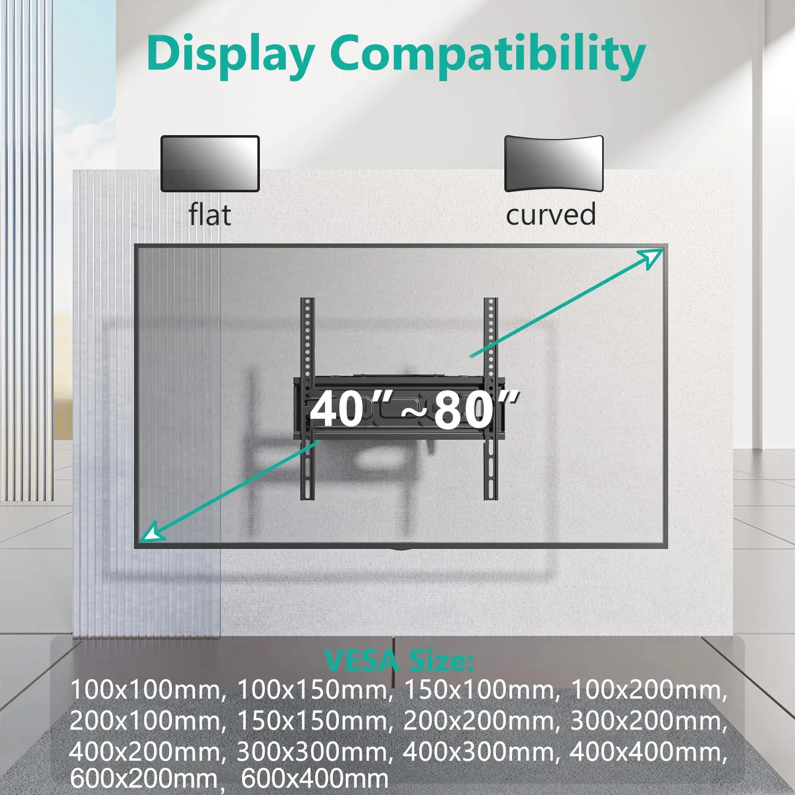 Soporte de pared para TV BEISHI Full Motion para televisores de 40-80 pulgadas, capacidad para hasta 121 libras, máximo VESA 600x400 mm, brazo doble con inclinación giratoria, fácil montaje - imagen 2