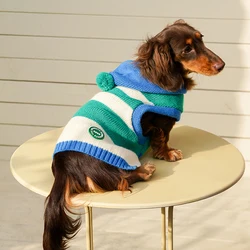 Suéter con capucha azul para perro salchicha – cálido otoño-invierno