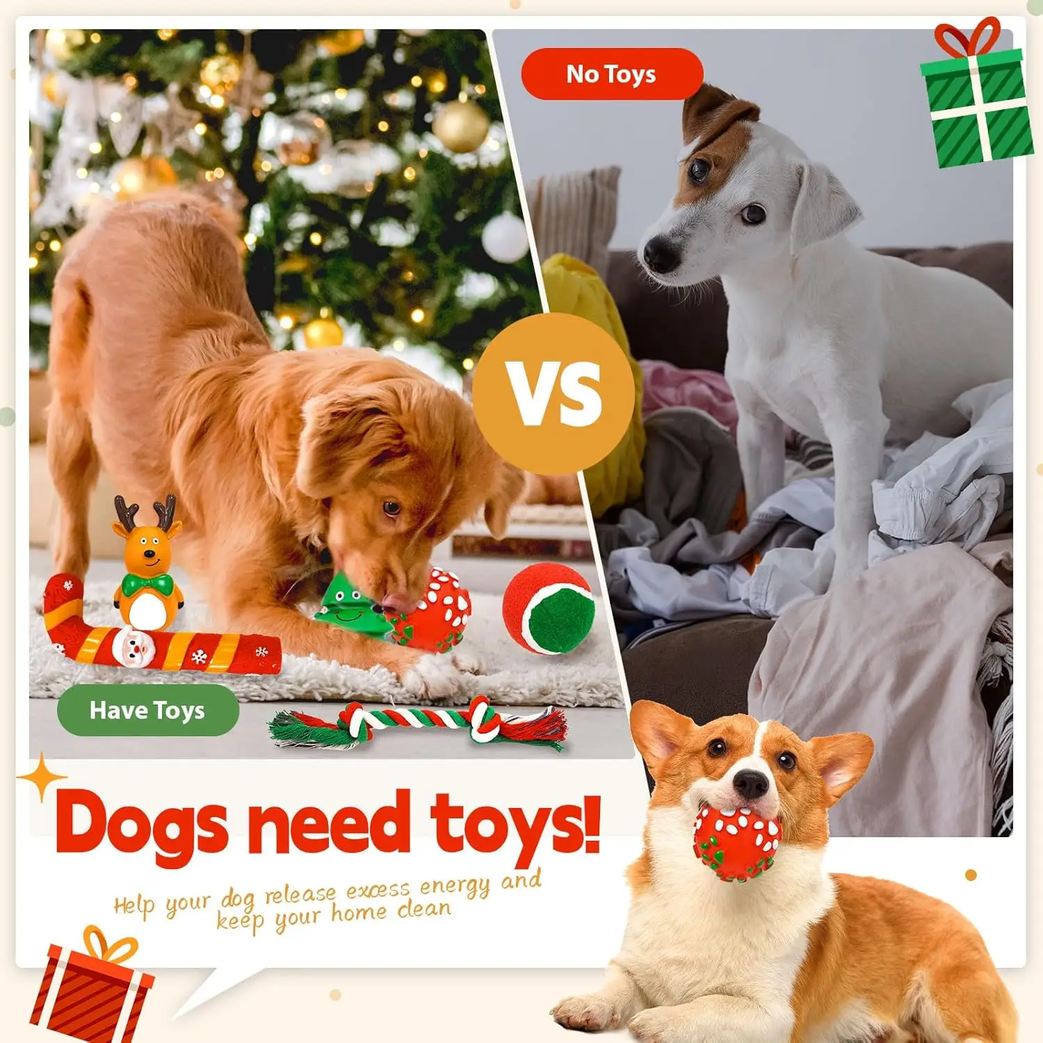 Juego de juguetes navideños para perros pequeños, pelota de juguete chirriante para vacaciones de Navidad y cuerda, juguetes interactivos para masticar para cachorros con Reno de Papá Noel, 6 uds. - imagen 5