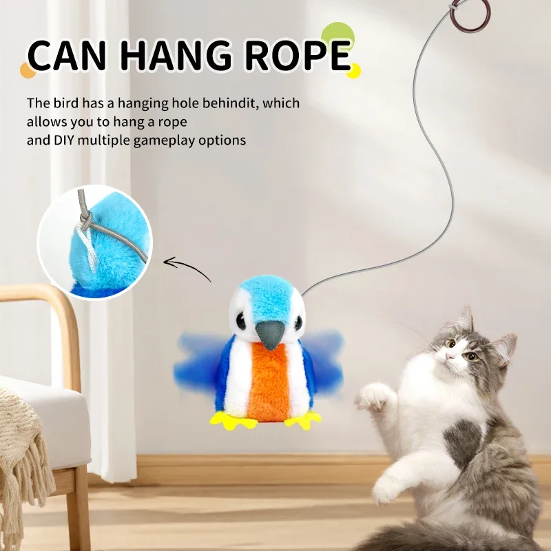 Juguete eléctrico inteligente para gatos, pájaro de peluche con alas para chirrido y sacudir, juguete para gatos con cuerda colgante, juguetes interactivos para gatos - imagen 5