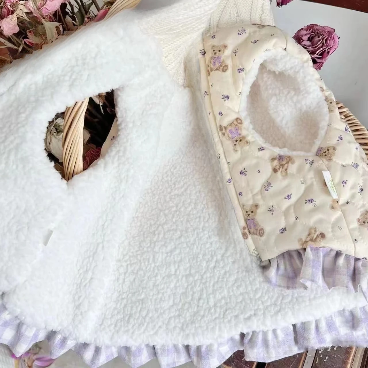 Abrigo Floral de encaje a cuadros para mascotas, Parkas para perros de otoño e invierno, camisa con Base de lazo más grueso, osos de peluche y mascotas, ropa de invierno para perros pequeños - imagen 2