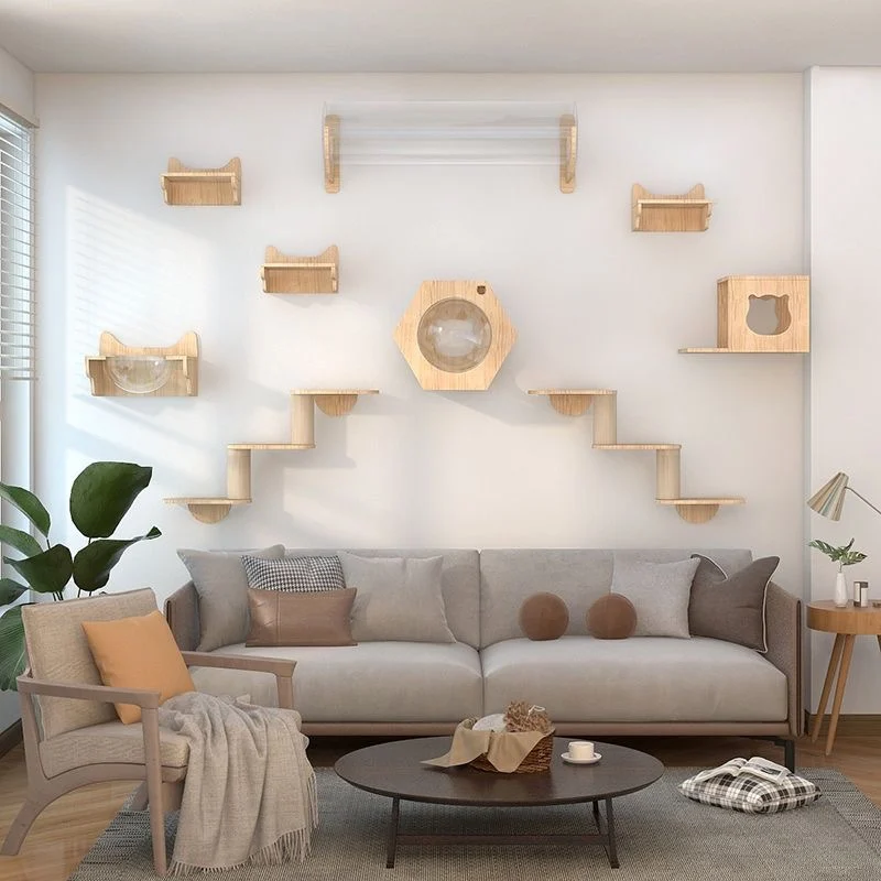 Muebles para gatos, puente de suspensión de madera maciza, escalera de escalada de Sisal montada en la pared, peldaños de madera ecológicos para el paraíso del gato