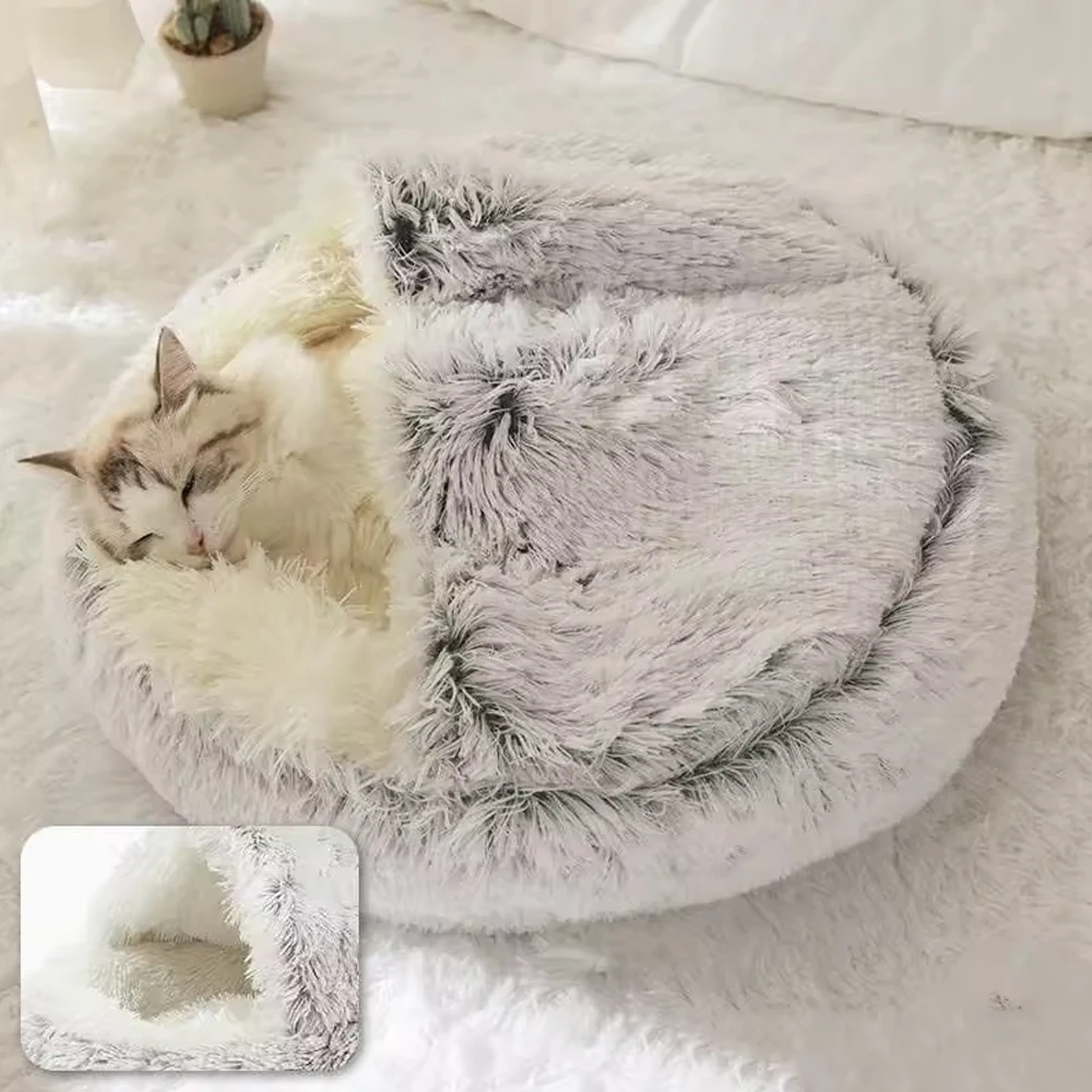 Cama cálida y suave de felpa para mascotas con funda, cama redonda para gatos, colchón para mascotas, nido para dormir 2 en 1 para perros y gatos, nido para gatos semicerrado - imagen 2
