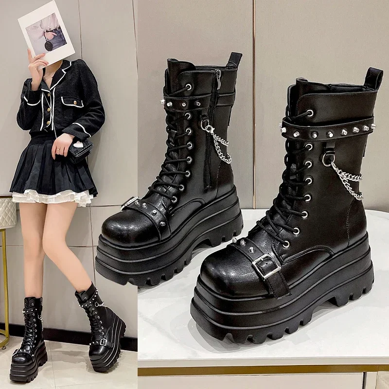 Botas góticas gruesas con plataforma para mujer, zapatos de otoño con hebilla, cuñas hasta la rodilla, Botas Punk Street Cosplay, cadena de motocicleta - imagen 5