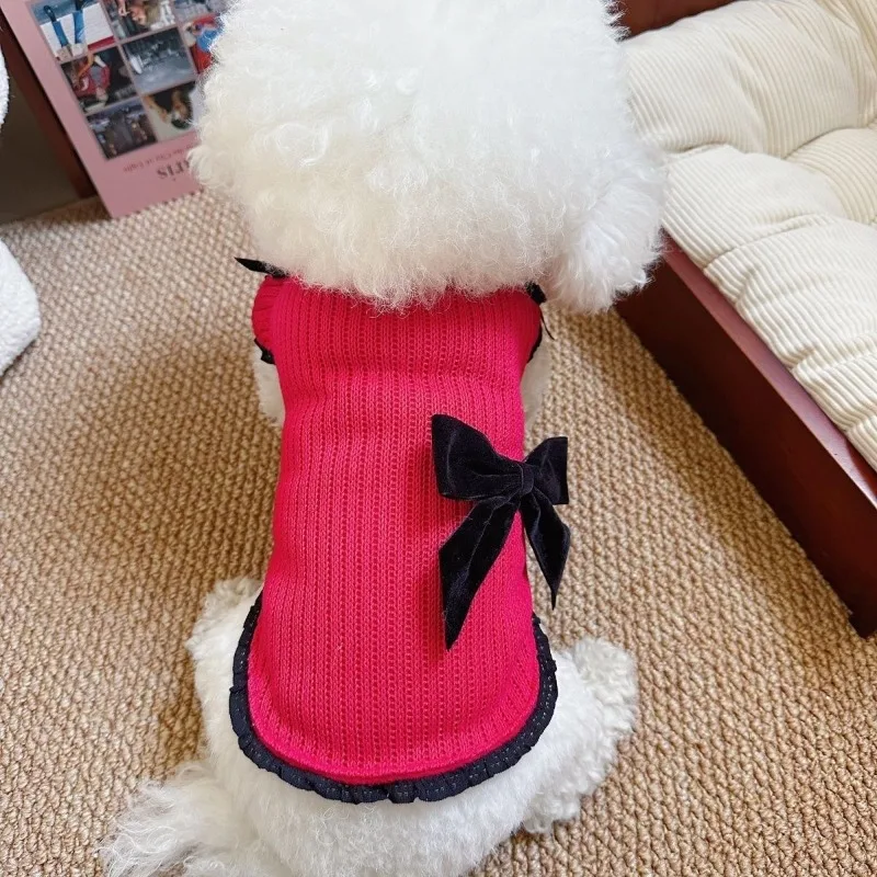Pet Dog Clothes Autumn/Winter Bow Bubble Coat Thick Sweater Pet Teddy Teddy New Year Puppy Dress For Small Dog Clothes Sweater - imagen 2