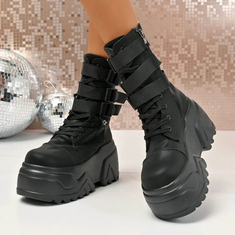 Botas tobilleras con hebilla de cinturón para motocicleta, plataforma con punta redonda, altura creciente, con cordones, moda concisa, zapatos gruesos sexys para mujer, nuevo - imagen 3