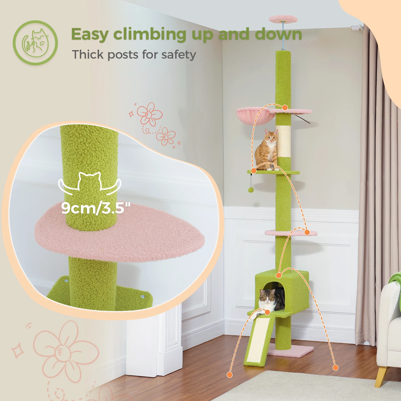 Torre alta para gatos de piso a techo, altura ajustable de 210-274CM con escalera para rascar, hamaca acogedora para gatos y condominio privado, juguetes para gatos - imagen 4