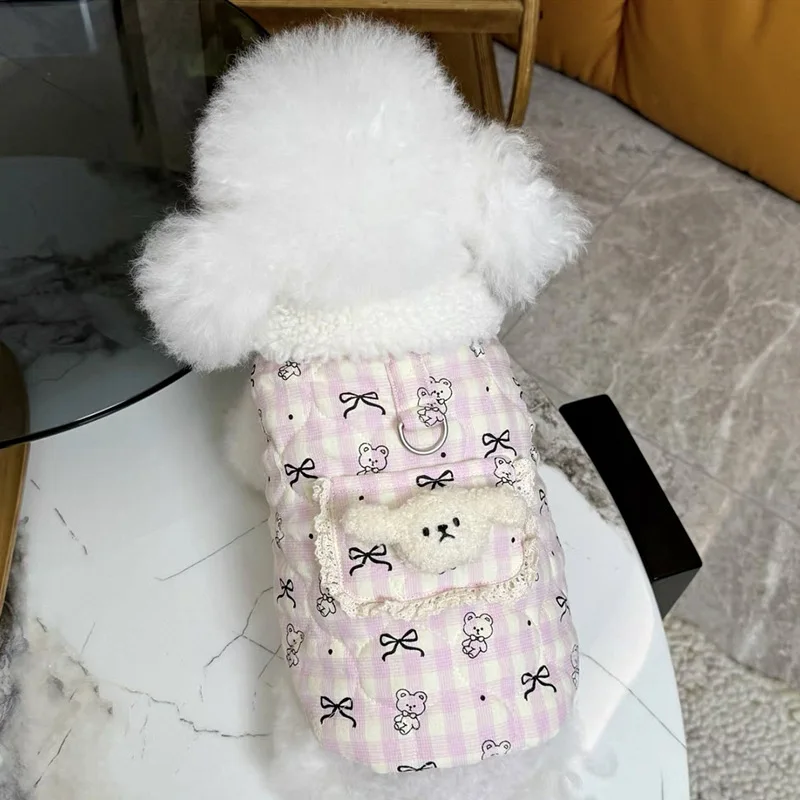 Ropa para perros con diseño de lazo clásico bonito para mascotas, abrigo de algodón grueso para mascotas, monos cálidos de cuatro patas con hebilla de tracción para invierno - imagen 5