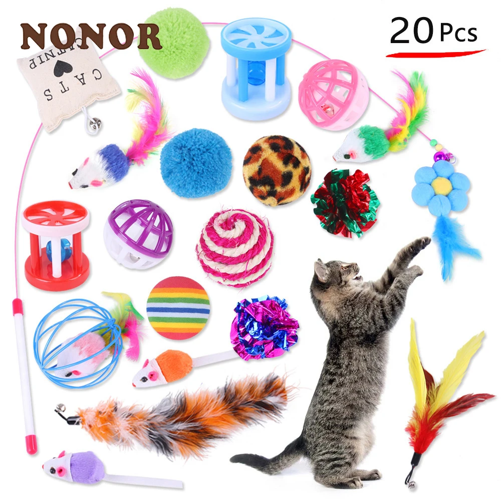 Juego de juguetes para gatos NONOR, varita rompecabezas de plumas, juguete para gatitos, recargas de bolas con forma de ratón, formas para jugar sin palo