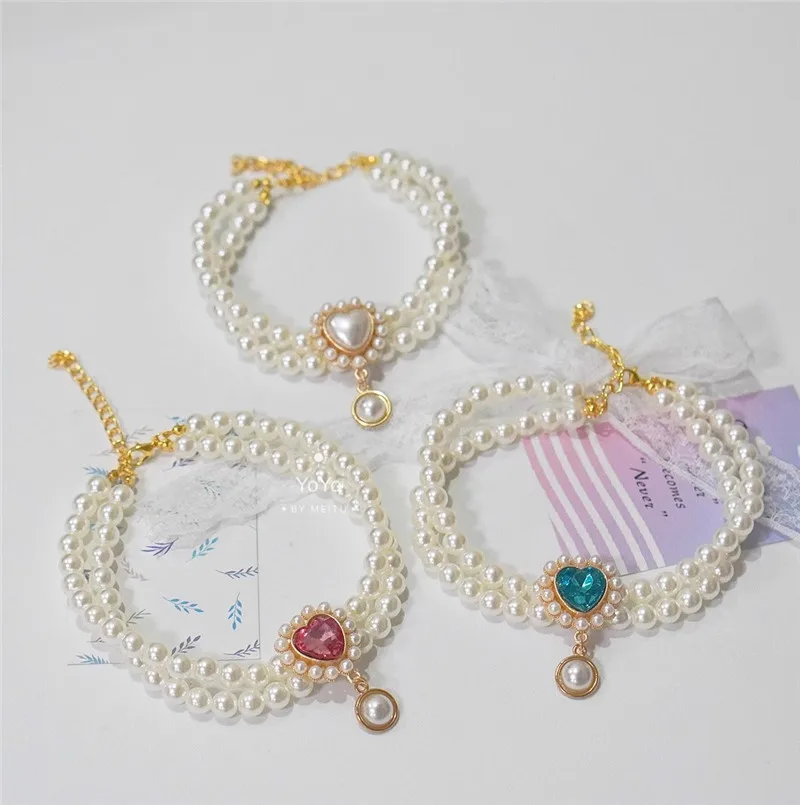 Collar retro de doble capa con diamantes y perlas para gatos y perros - imagen 4