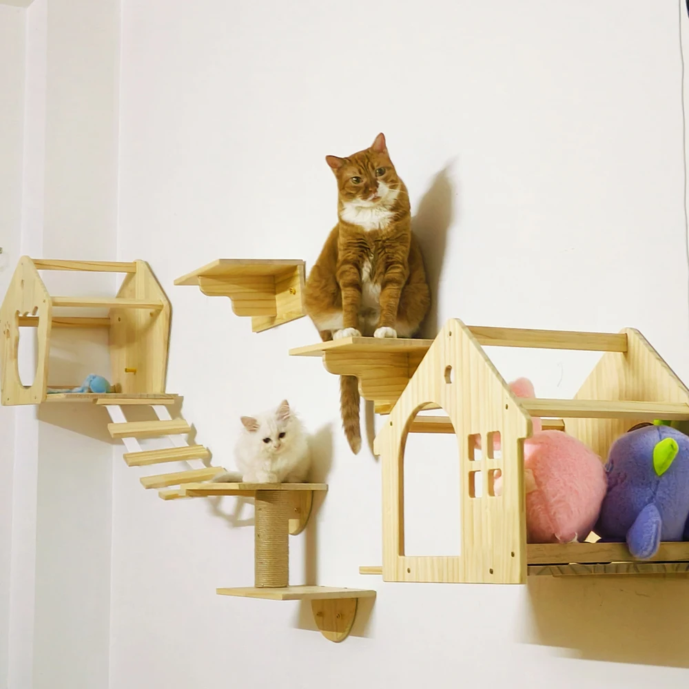 Casa para gatos montada en la pared, Villa, escaleras para gatos, accesorios para árboles para gatos, casa de madera para gatos para dormir y descansar, muebles para mascotas de pared