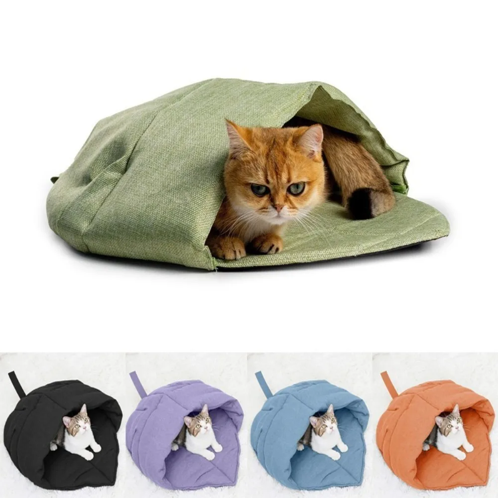 Saco de dormir para gatos, tela de lino, cama para gatos, cueva, nido de hojas, zona para abrazar mascotas, cubierto, suave, duradero, lavable, antideslizante, interior, cachorro, gatito
