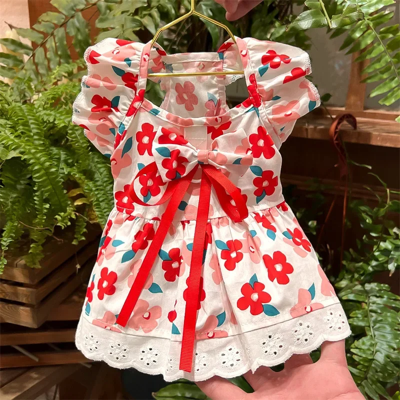 Ropa para mascotas, vestido con mangas voladoras, vestido a cuadros con flores para primavera y verano, oso de peluche, Corgi, ropa para perros y gatos, vestidos para perros pequeños - imagen 4