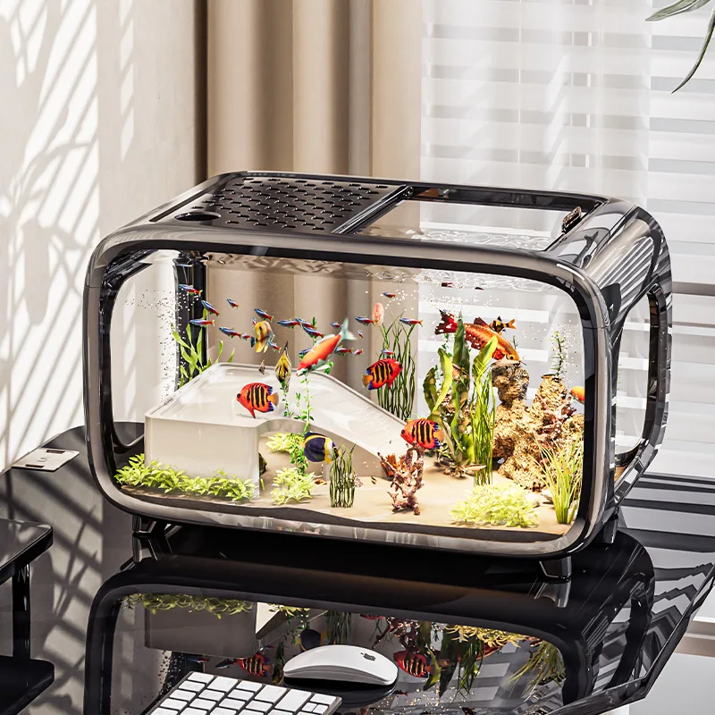 Tanque de peces ligero de lujo, sencillo, avanzado, con cubierta, transparente, para sala de estar, tanque ecológico, muebles decorativos, suministros para acuario - imagen 2