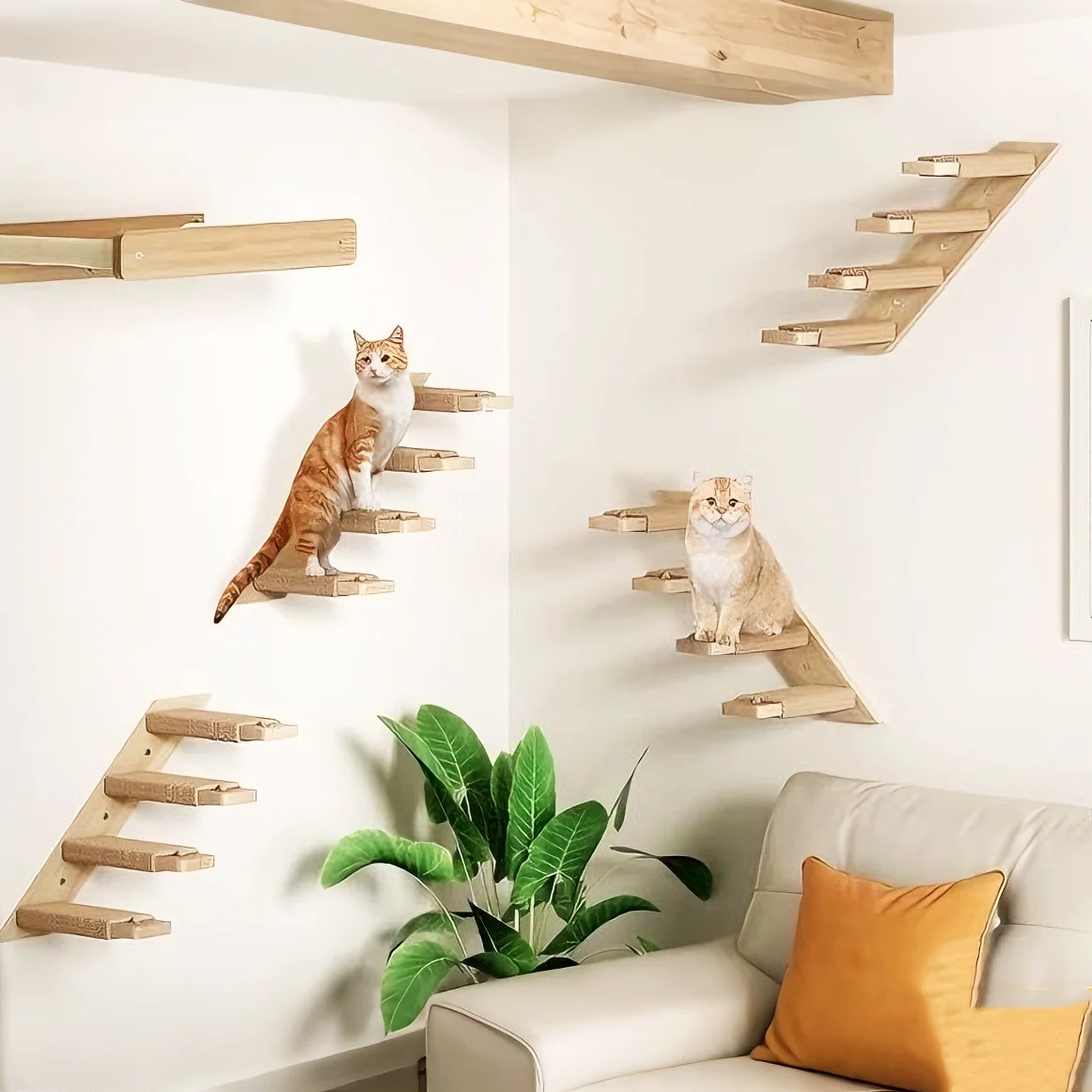 Hamaca para gatos, estantes de escalada montados en la pared para gatos, torre de árbol tejida a mano, casa colgante de pared para gatos, macramé, escalones y plataforma desmontables - imagen 2