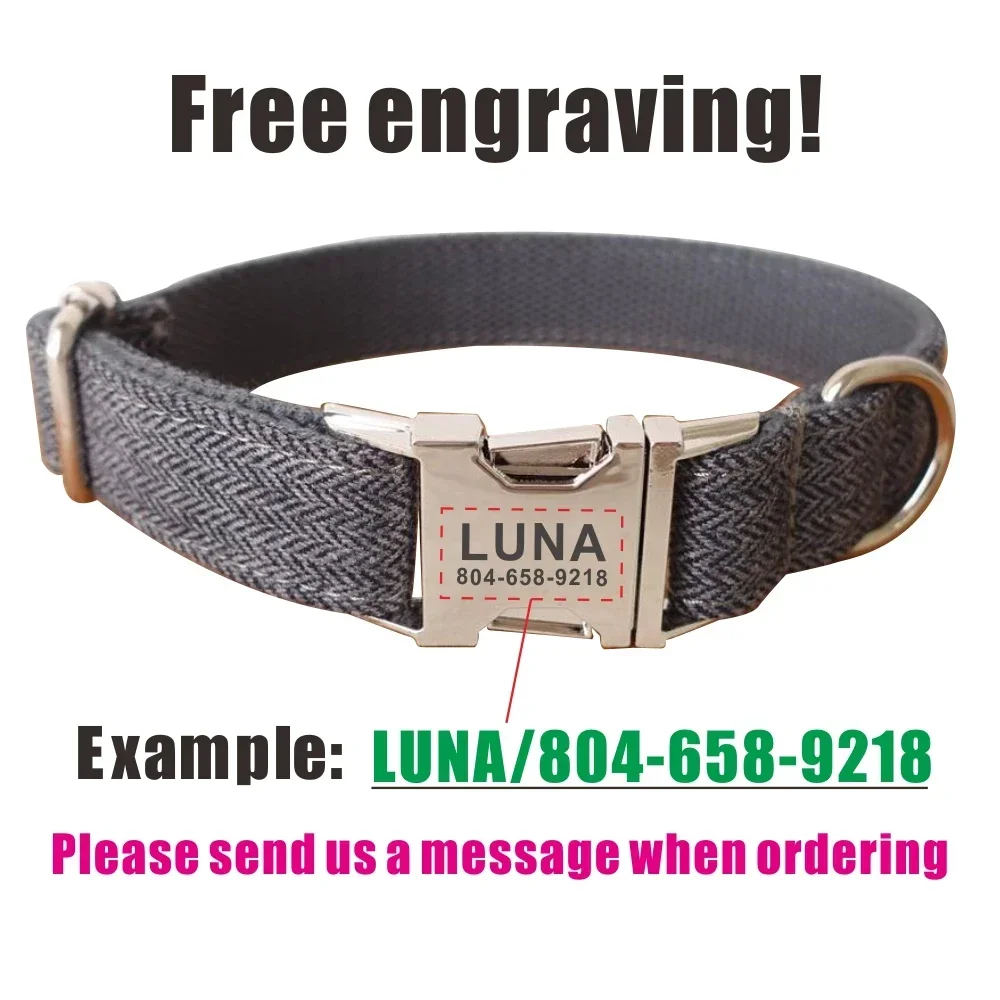 Collar de perro personalizado con grabado gratuito, correa para mascotas a juego, hebilla de Metal de contactos personalizados, Collar para mascotas de fibra de traje gris - imagen 4