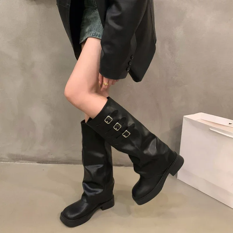 Botas hasta la rodilla de estilo Retro para mujer, botas largas de caballero sin cordones a la moda para otoño e invierno, calzado con tacones para mujer - imagen 4