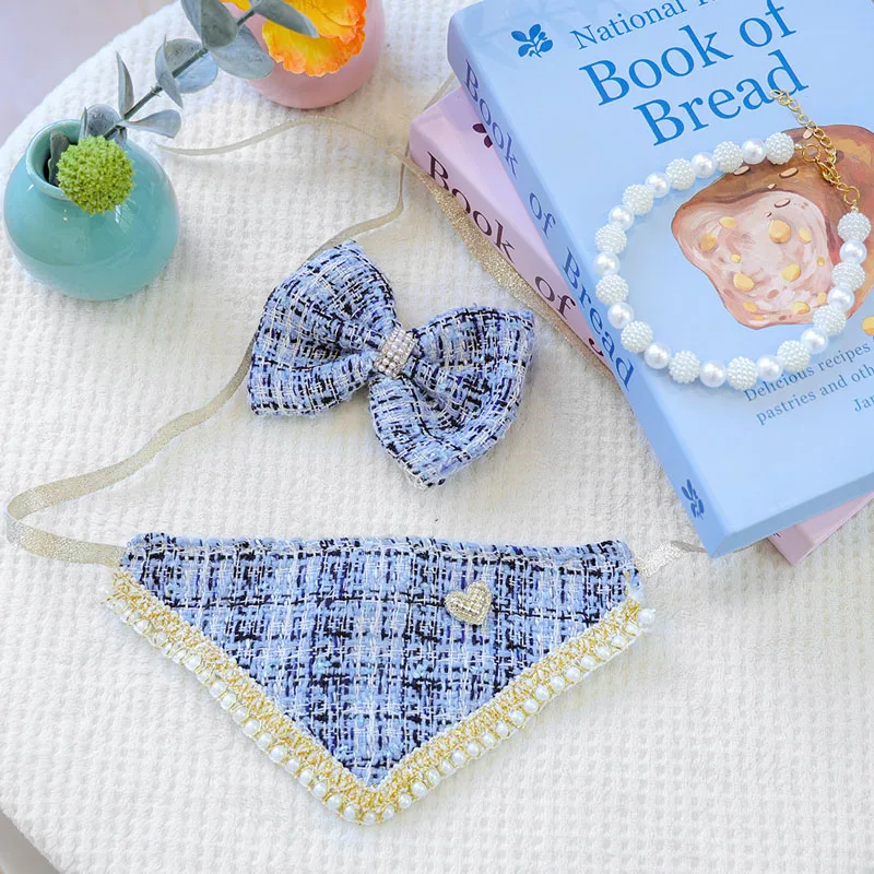 Kit de accesorios para perros azules, vendaje Triangular, horquilla con lazo, Collar de perlas, conjunto para perros pequeños, bufandas, Collar con babero, accesorios para mascotas, productos