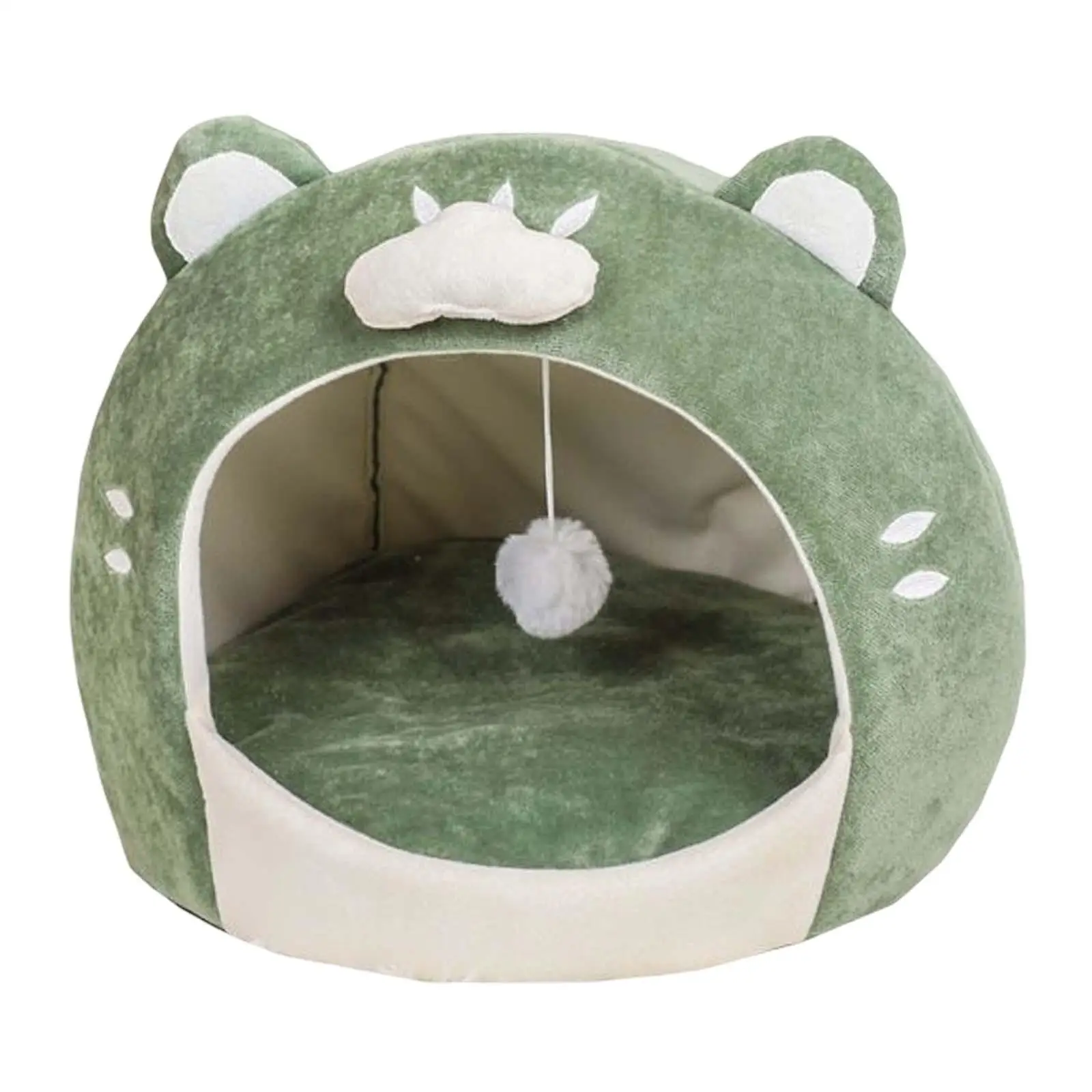 Cat Cave Bed Green Pet Cat House Hut with Plush Ball Cute Appearance Sturdy Construction Anti Slip Base Soft and Comfortable