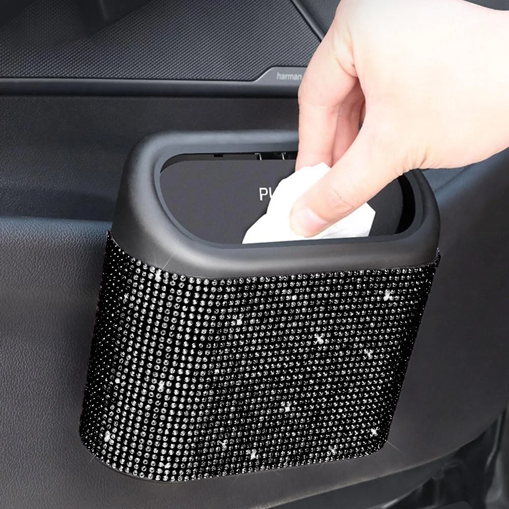 Bote de basura para coche con incrustaciones de diamantes de imitación artificiales con 60 bolsas de basura especiales, caja de almacenamiento colgante para Interior de coche con tapa automática, accesorios multifuncionales para coche