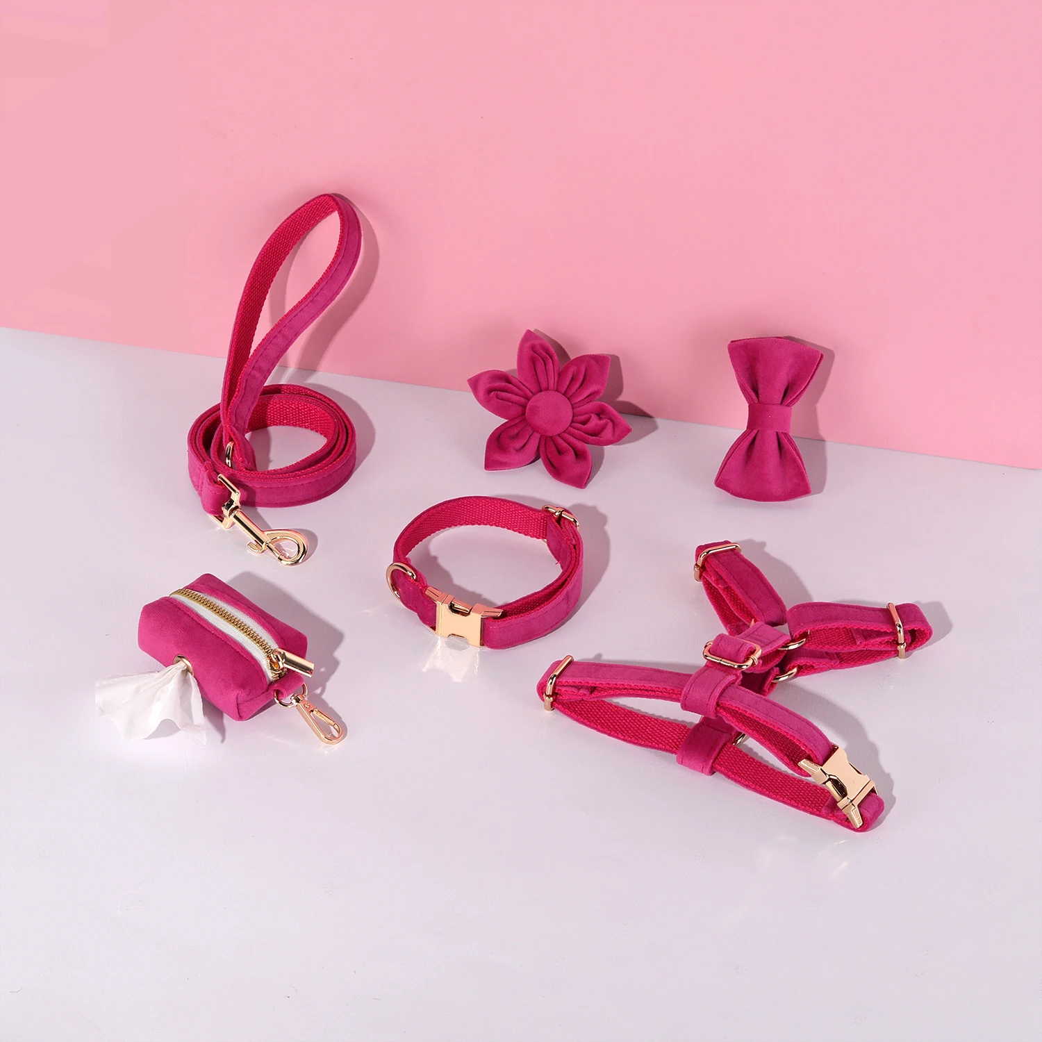 Collar de perro personalizado de terciopelo fucsia para perros pequeños, arnés ligero para perro bonito con lazo, conjunto de tracción personalizado para cachorros con flores - imagen 5
