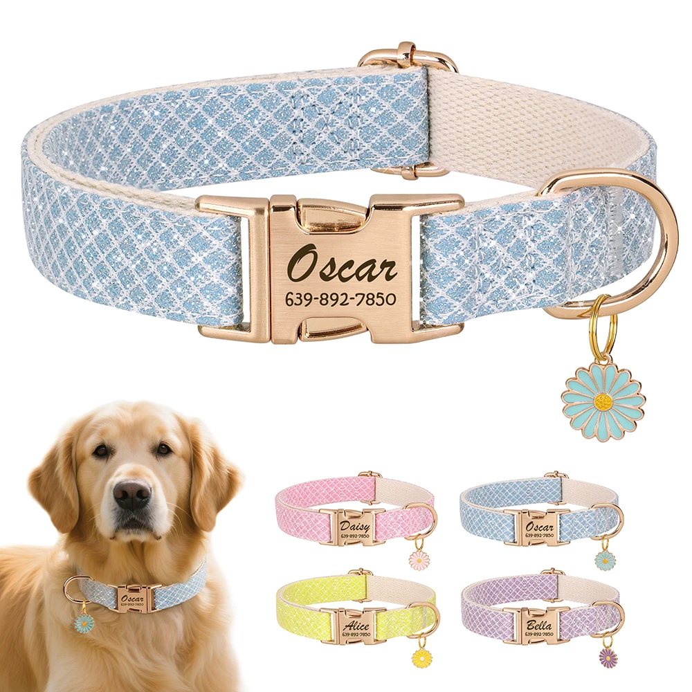 Collar de perro de nailon ostentoso personalizado, collares con nombre de identificación de perro y cachorro grabado gratis con bonito accesorio de etiqueta de flor para perros pequeños y medianos y gatos