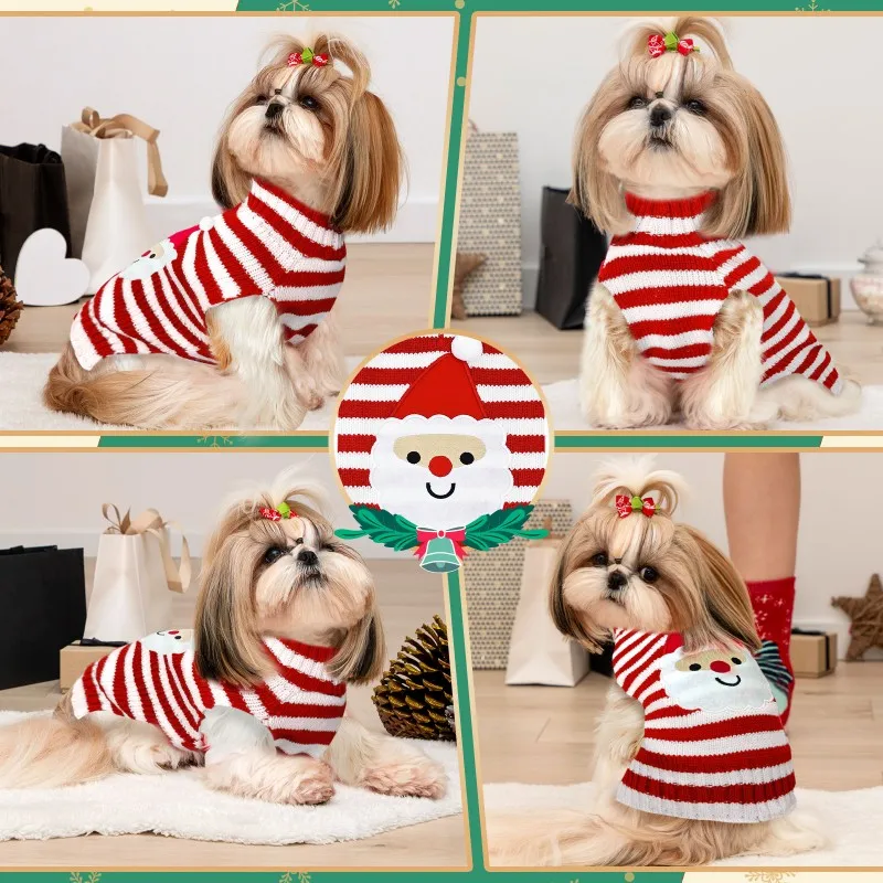 Suéter de Navidad para perros, ciervo, Papá Noel, estampado de hombre de jengibre, ropa de invierno a rayas para cachorros, disfraces de Navidad para perros y niñas, abrigo cálido para mascotas - imagen 3
