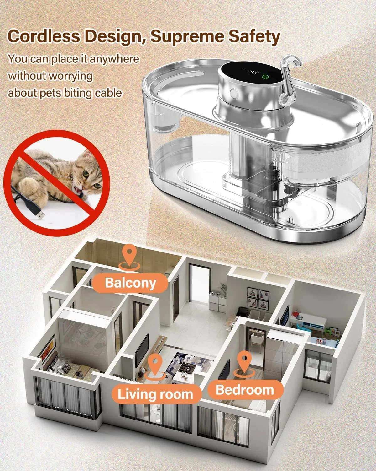 Fuente de agua para mascotas recargable con batería, fuente de agua para gatos de acero inoxidable para interiores con Sensor de movimiento, bomba ultra silenciosa - imagen 4