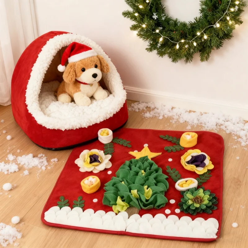 BOOTEELY-alfombrilla navideña para perros, trabajo de nariz para mascotas, almohadilla de entrenamiento de alimentación lenta, juguete interactivo, manta de actividades para aliviar el estrés - imagen 4