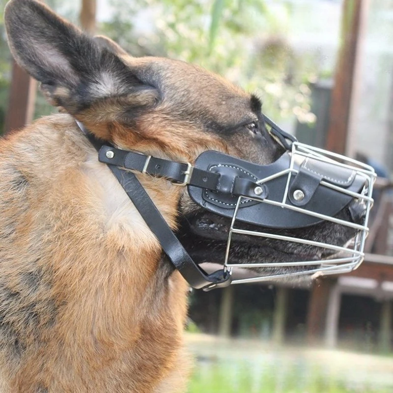 Bozal de perro de cuero y Metal, bozal de cesta antimordida ajustable para perros medianos y grandes, cubierta bucal de entrenamiento, protección para mascotas al aire libre