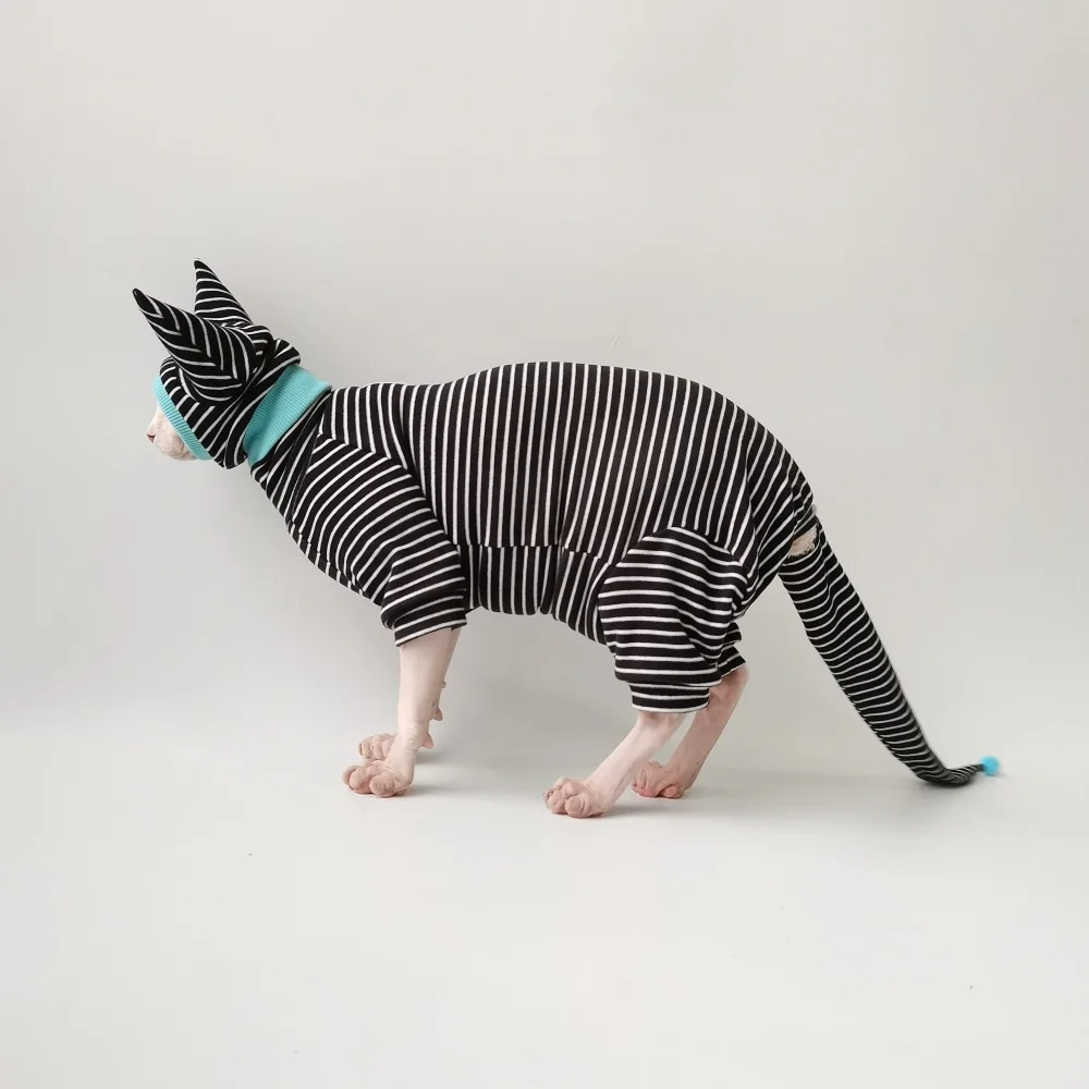 Camisa de rayas de cuatro patas Sombrero Cubierta de cola Traje para Sphynx Cat Sudadera negra de primavera para gatitos Disfraces de otoño cálidos sin pelo - imagen 4