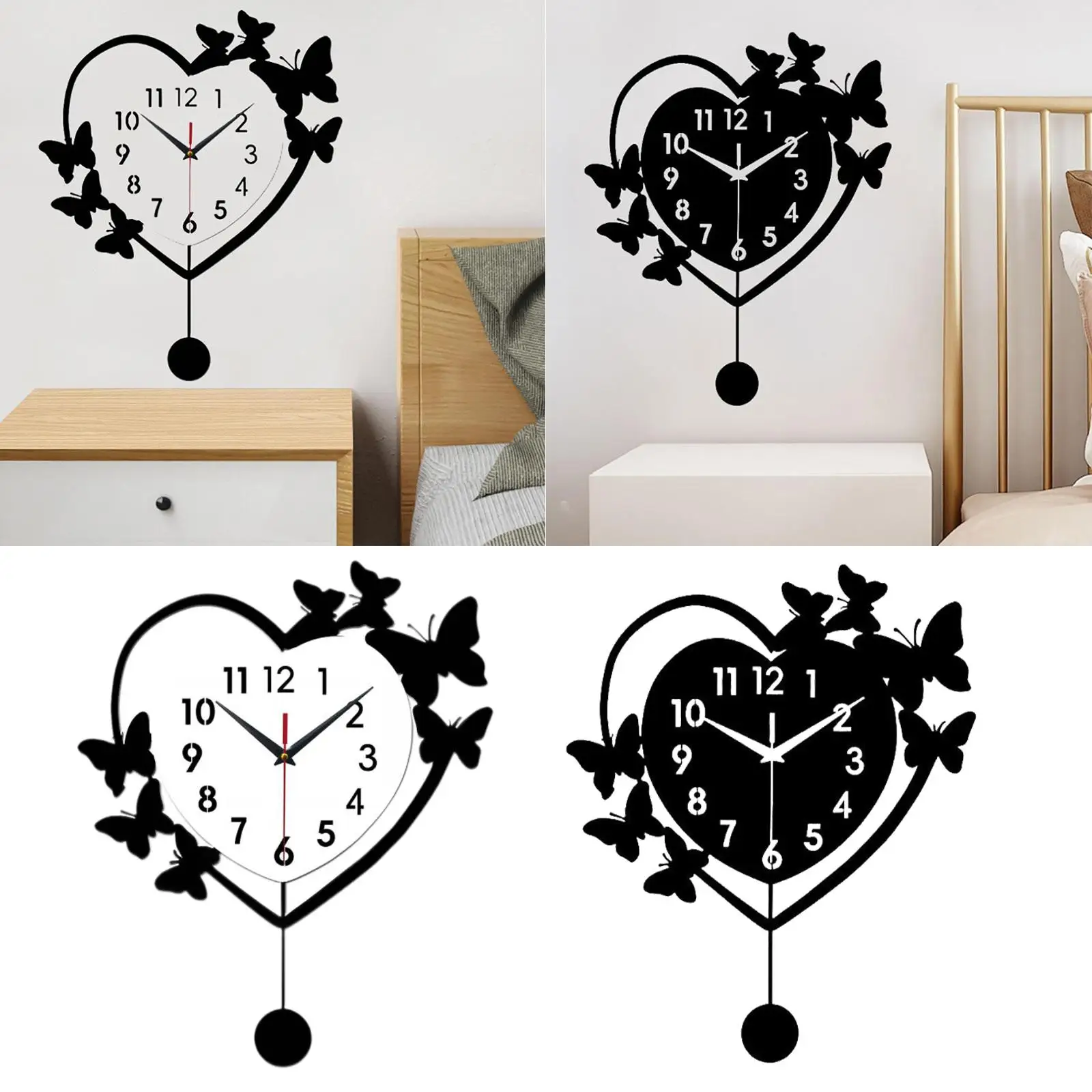 Reloj de pared acrílico silencioso moderno decoración corazón mariposa