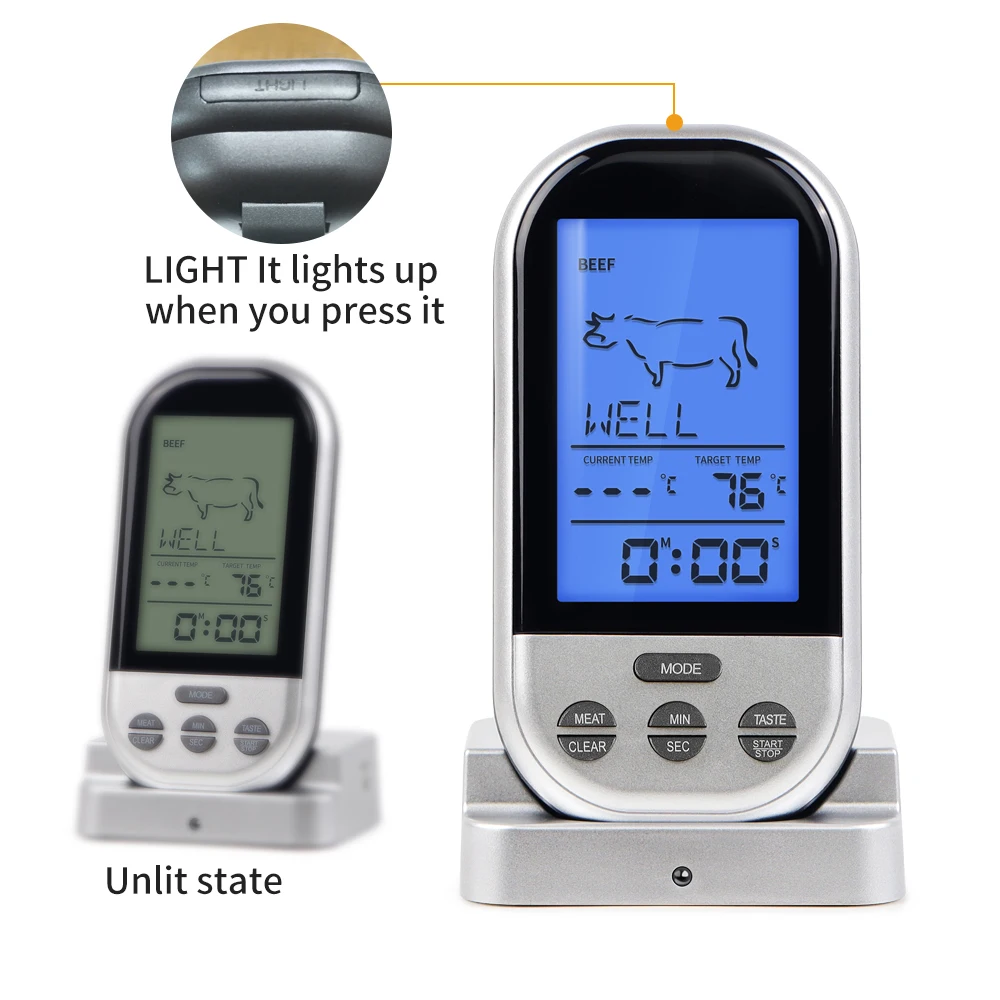 Termómetro Digital para barbacoa, inalámbrico, para horno de cocina, termómetro para alimentos, probador inteligente de temperatura de carne, recordatorio de alarma de cuenta atrás