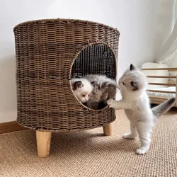 Cama para gatos tejida a mano, semicerrada, transpirable y ecologica