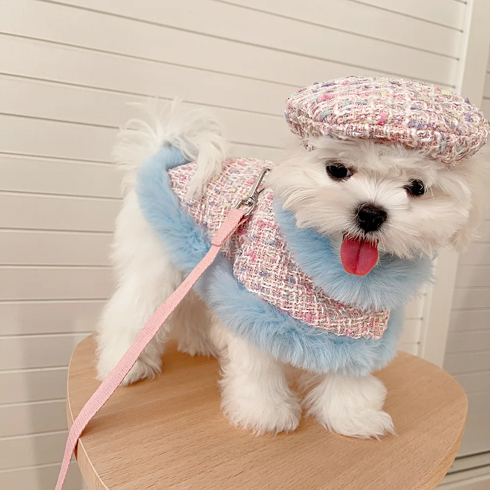 Ins Tweed Cloak Puppy Coat Pet Cloak Pet Supplies Cape Dog Chest Strap Drawstring Cute Beret Dog Harness Dogs Accessories - imagen 3