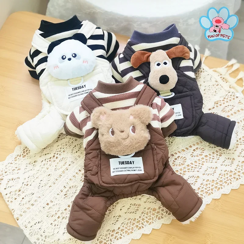 Otoño e Invierno monos con bolsillos grandes a rayas conjunto de invierno de doble capa mono para perro pantalones de cuatro patas pijamas ropa para cachorros